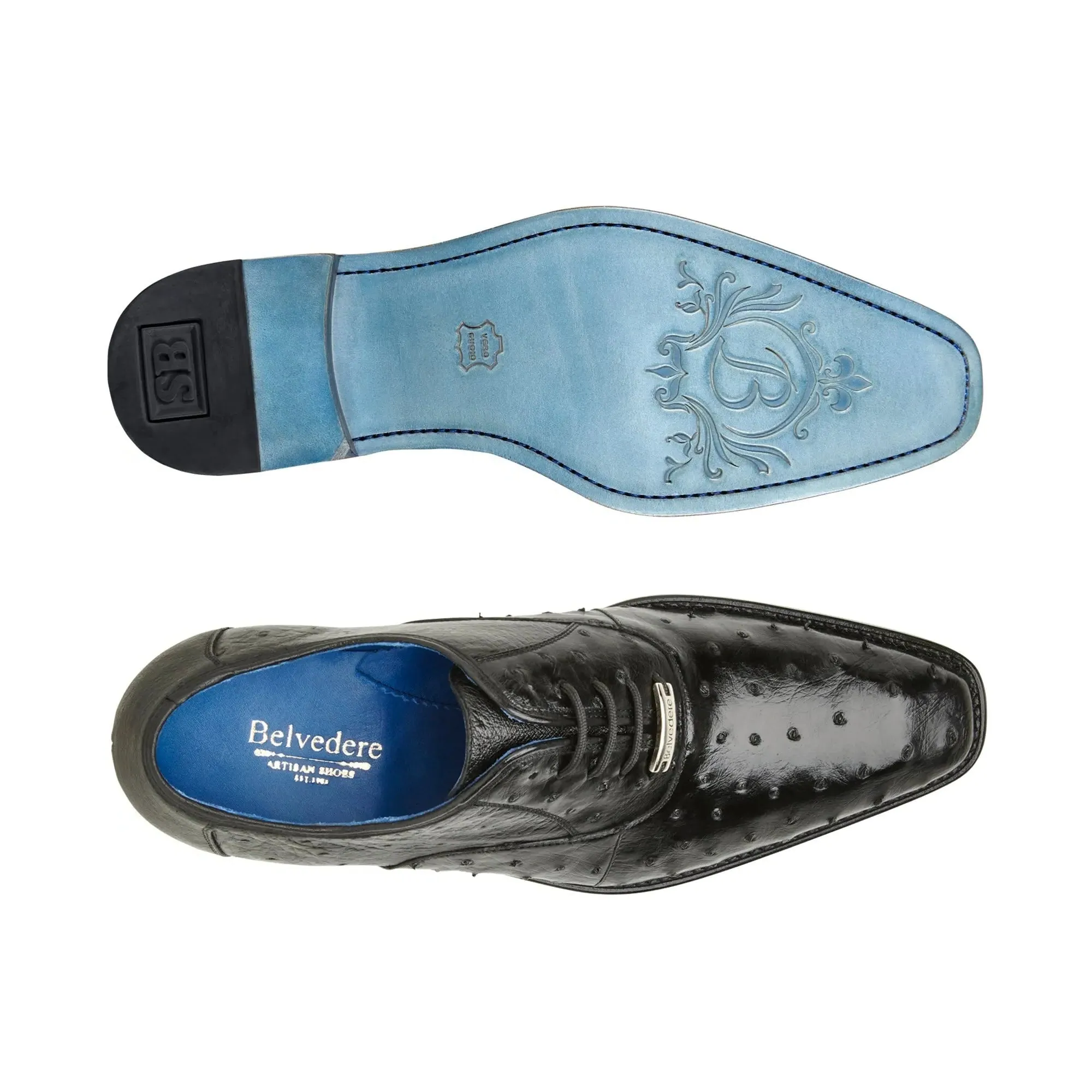 Belvedere Exotische Leder Schuhe Belvedere Orlando in Schwarz Echte Straußenfeder Oxfords