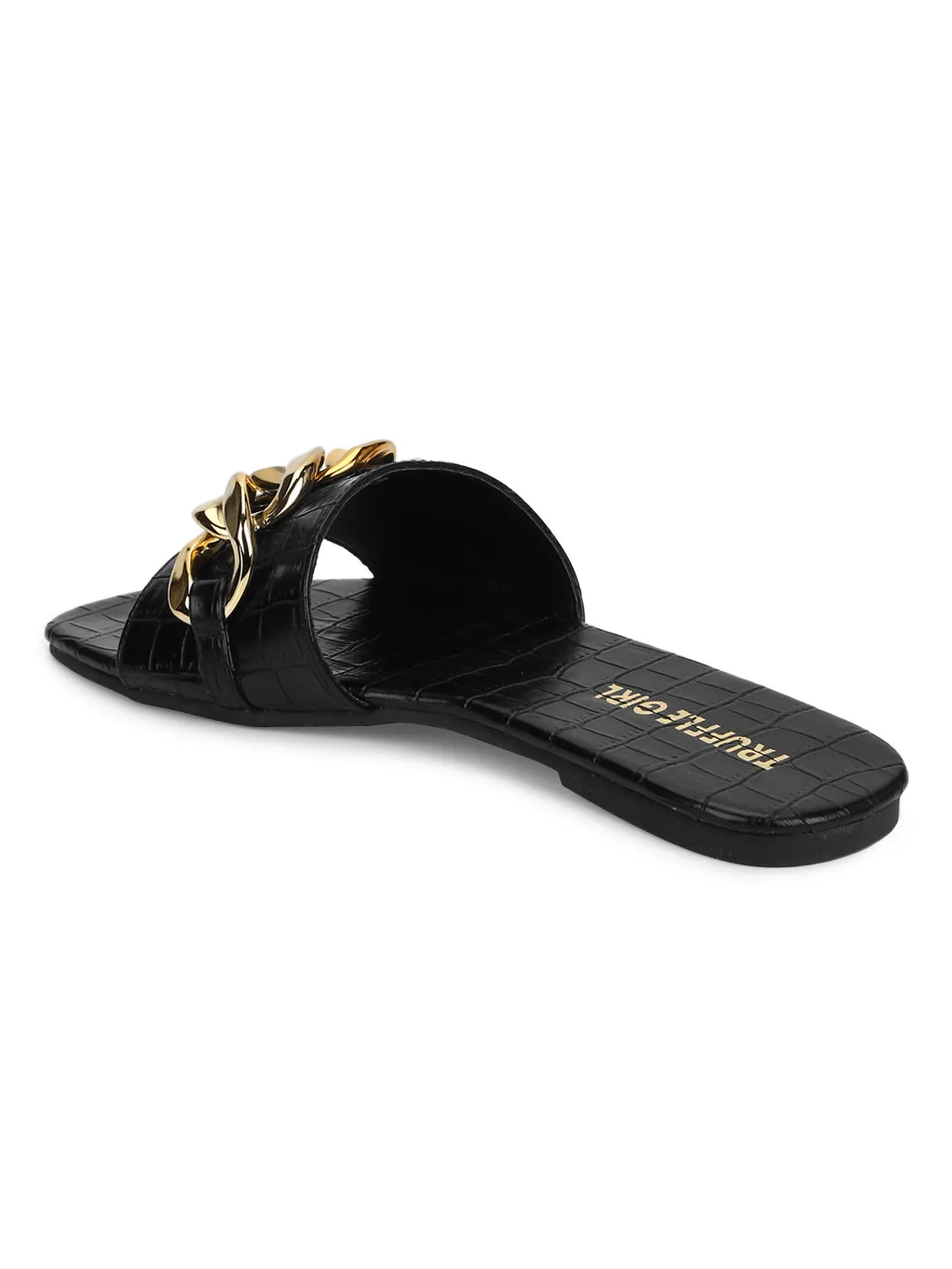Schwarze Croc-Leder-PU-Goldketten-Slides
