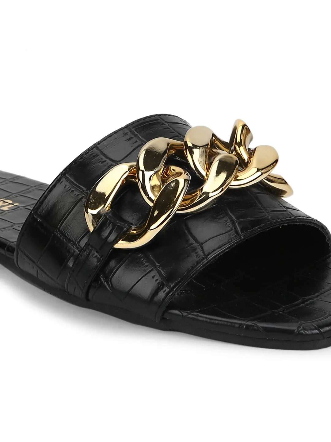 Schwarze Croc-Leder-PU-Goldketten-Slides