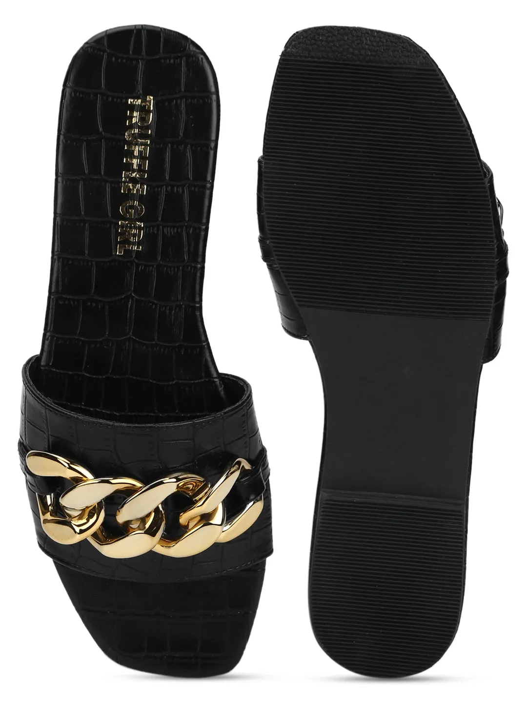 Schwarze Croc-Leder-PU-Goldketten-Slides