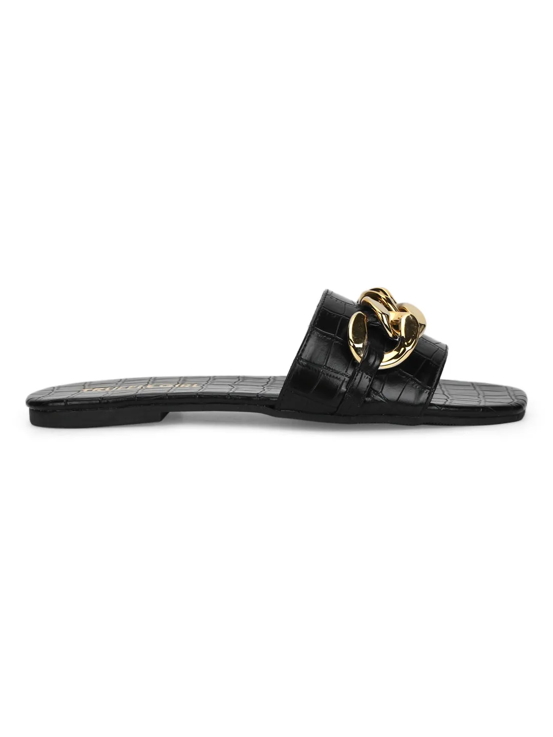 Schwarze Croc-Leder-PU-Goldketten-Slides