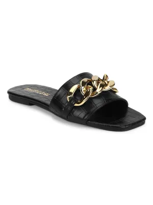 Schwarze Croc-Leder-PU-Goldketten-Slides
