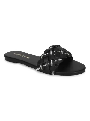 Schwarze PU-geflochtene Diamant-Slip-Ons (TC-ST-1215-BLK)