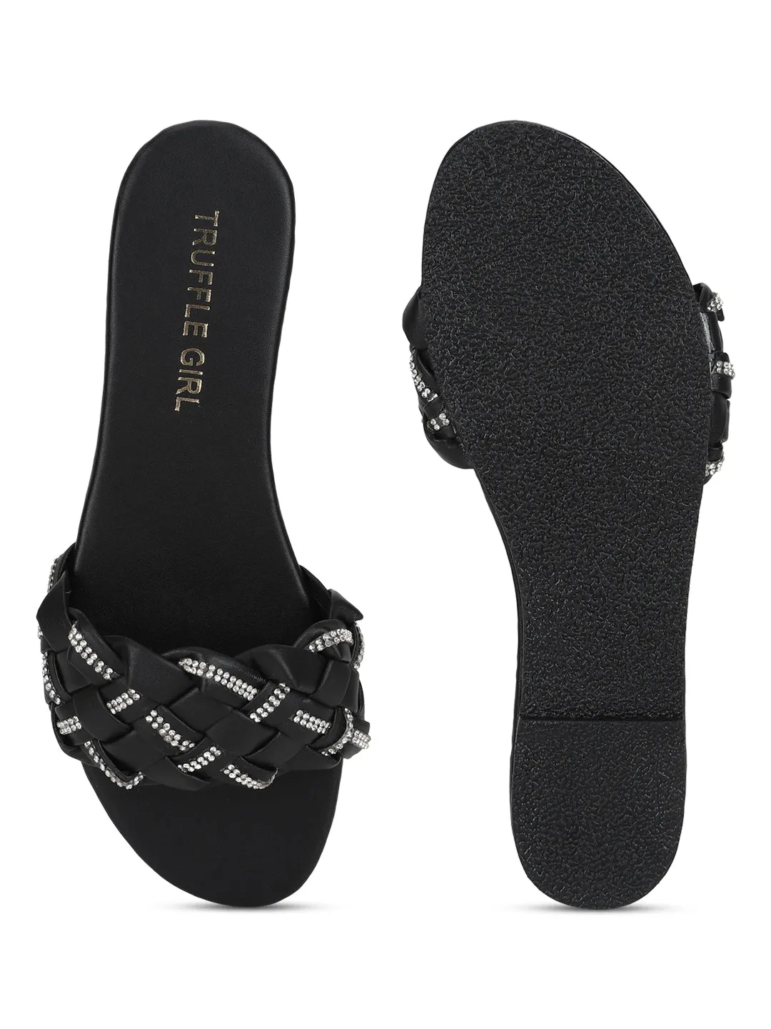Schwarze PU-geflochtene Diamant-Slip-Ons (TC-ST-1215-BLK)