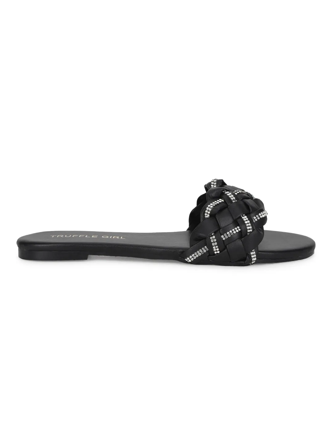 Schwarze PU-geflochtene Diamant-Slip-Ons (TC-ST-1215-BLK)