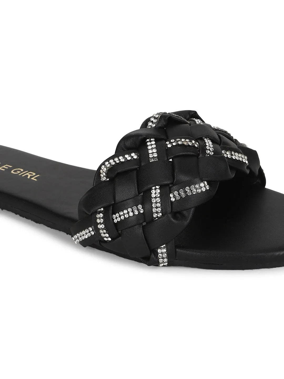 Schwarze PU-geflochtene Diamant-Slip-Ons (TC-ST-1215-BLK)