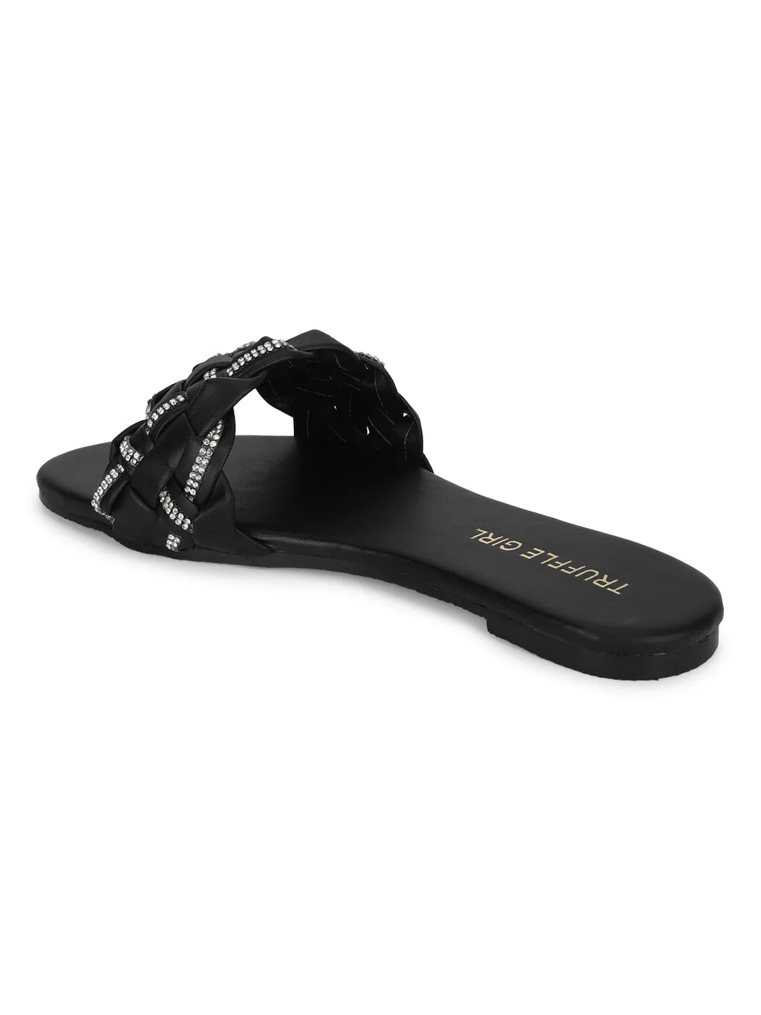 Schwarze PU-geflochtene Diamant-Slip-Ons (TC-ST-1215-BLK)