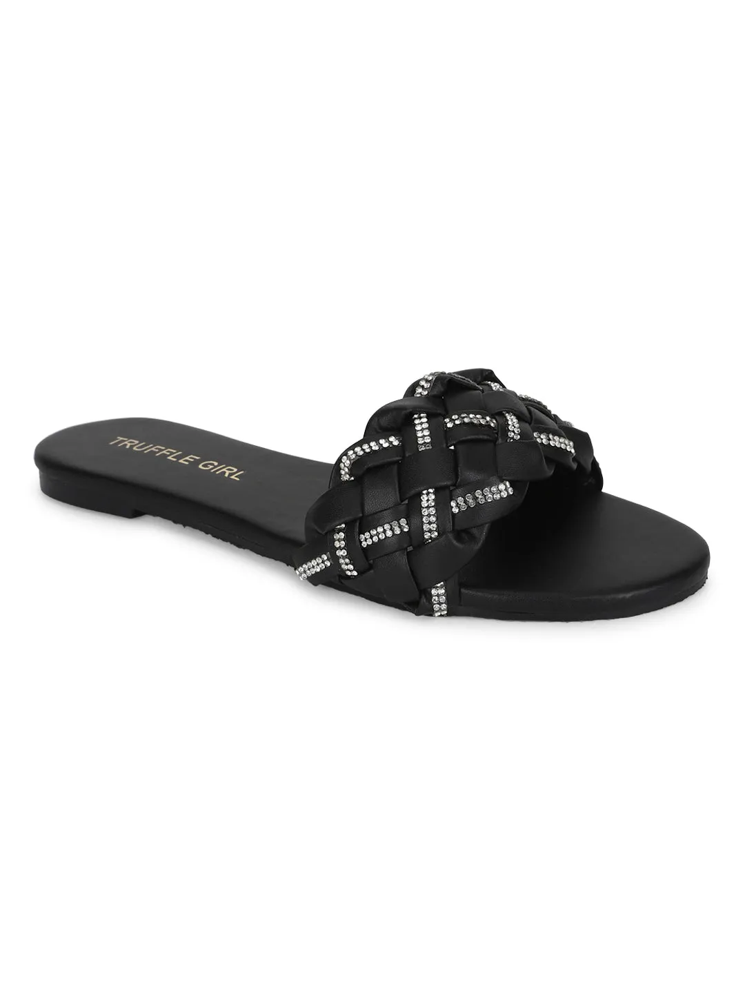 Schwarze PU-geflochtene Diamant-Slip-Ons (TC-ST-1215-BLK)