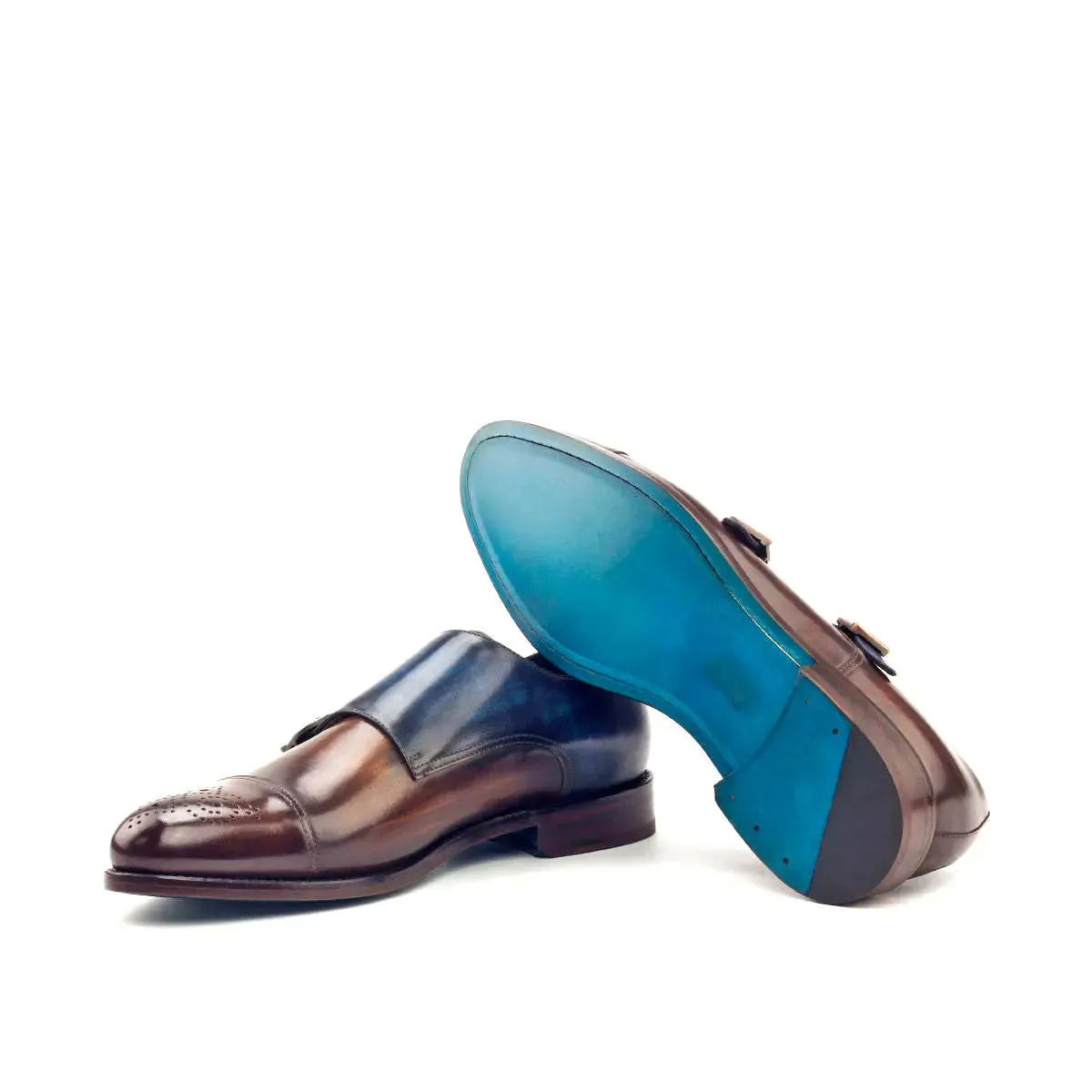 Dapperfam Schuhe DapperFam Monaco in Braun / Denim Herren-Handbemalte Patina Doppelmonk