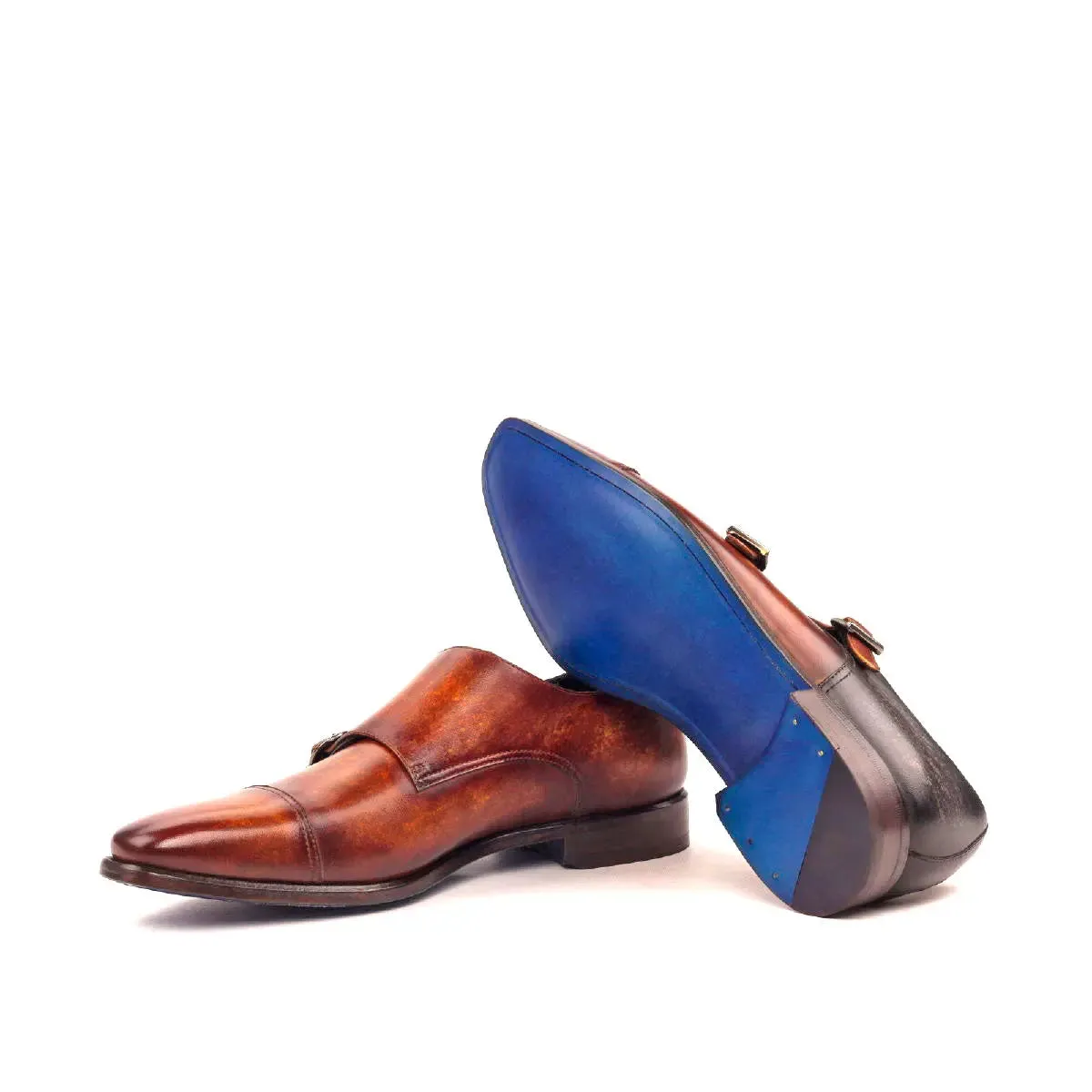 Dapperfam Schuhe DapperFam Monaco in Cognac / Grau Herrenhandbemalte Patina Doppelmonk