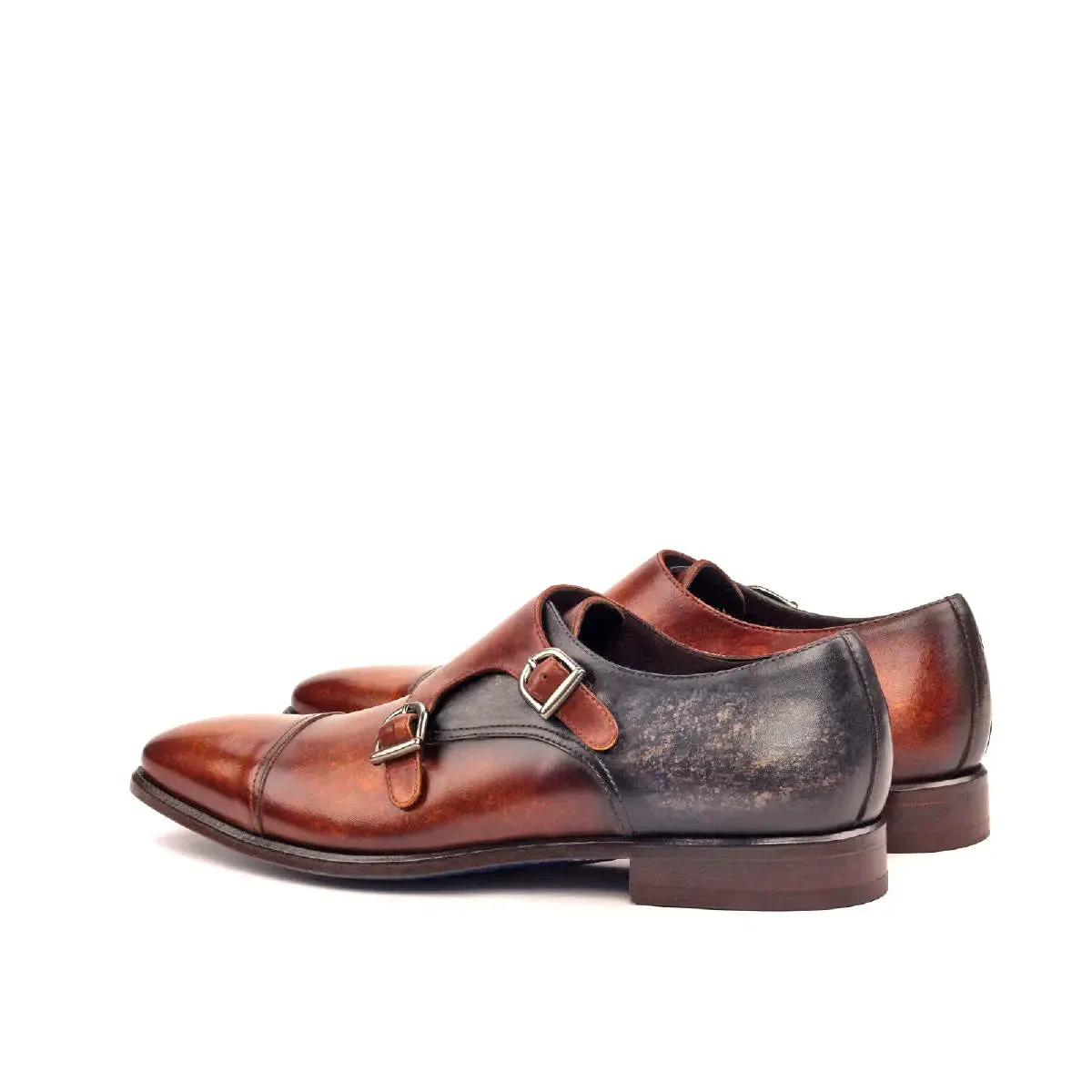 Dapperfam Schuhe DapperFam Monaco in Cognac / Grau Herrenhandbemalte Patina Doppelmonk