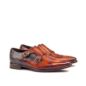 Dapperfam Schuhe DapperFam Monaco in Cognac / Grau Herrenhandbemalte Patina Doppelmonk