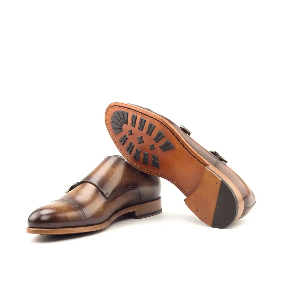 Dapperfam Schuhe DapperFam Monaco in Cognac Herren-Handbemalte Patina Doppelmonk