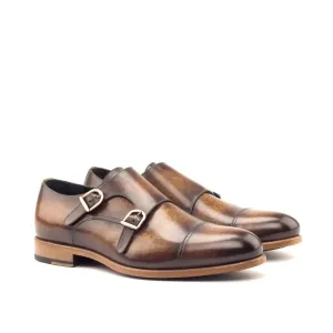 Dapperfam Schuhe DapperFam Monaco in Cognac Herren-Handbemalte Patina Doppelmonk