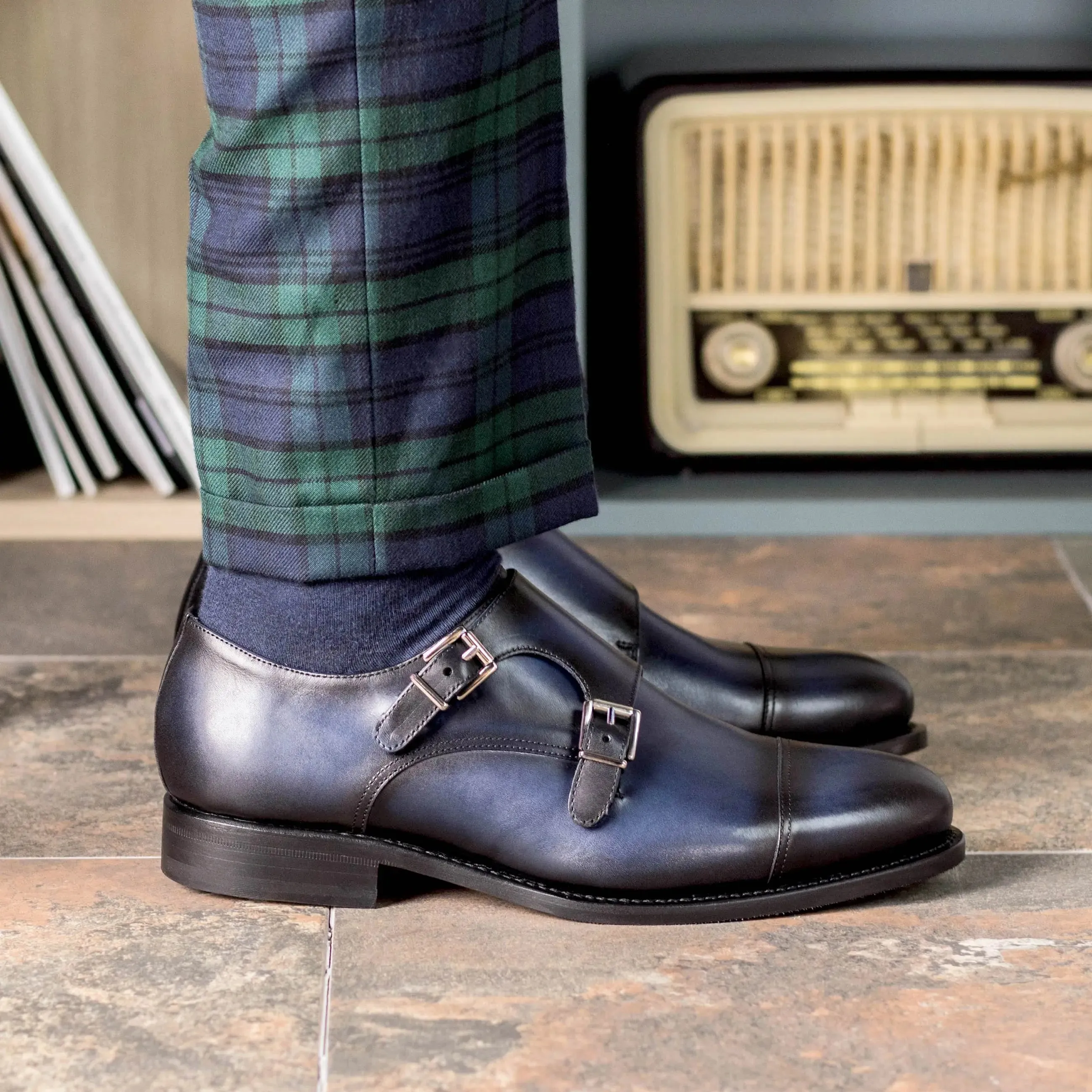 Dapperfam Schuhe DapperFam Monaco in Marineblau Herren Italienisches Leder Doppelmonk