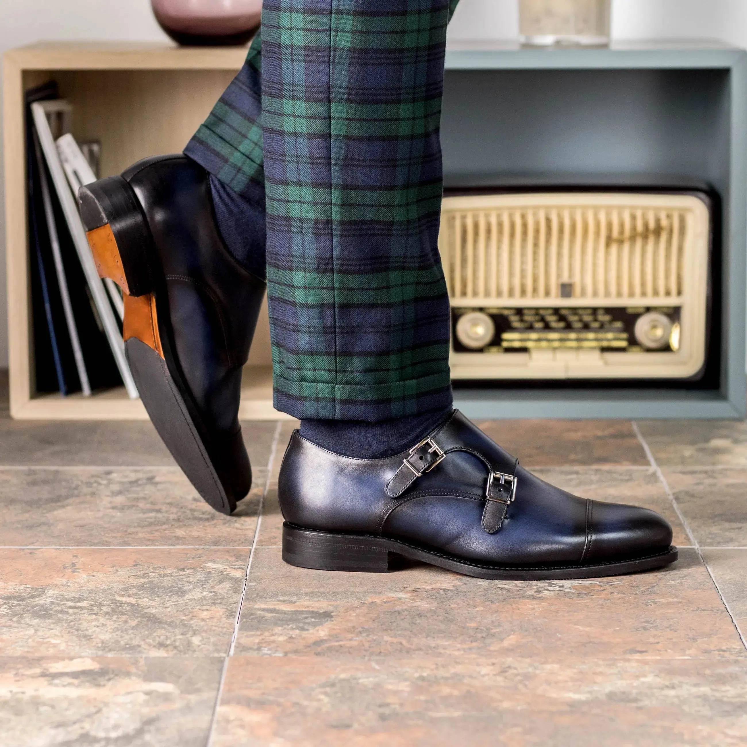 Dapperfam Schuhe DapperFam Monaco in Marineblau Herren Italienisches Leder Doppelmonk