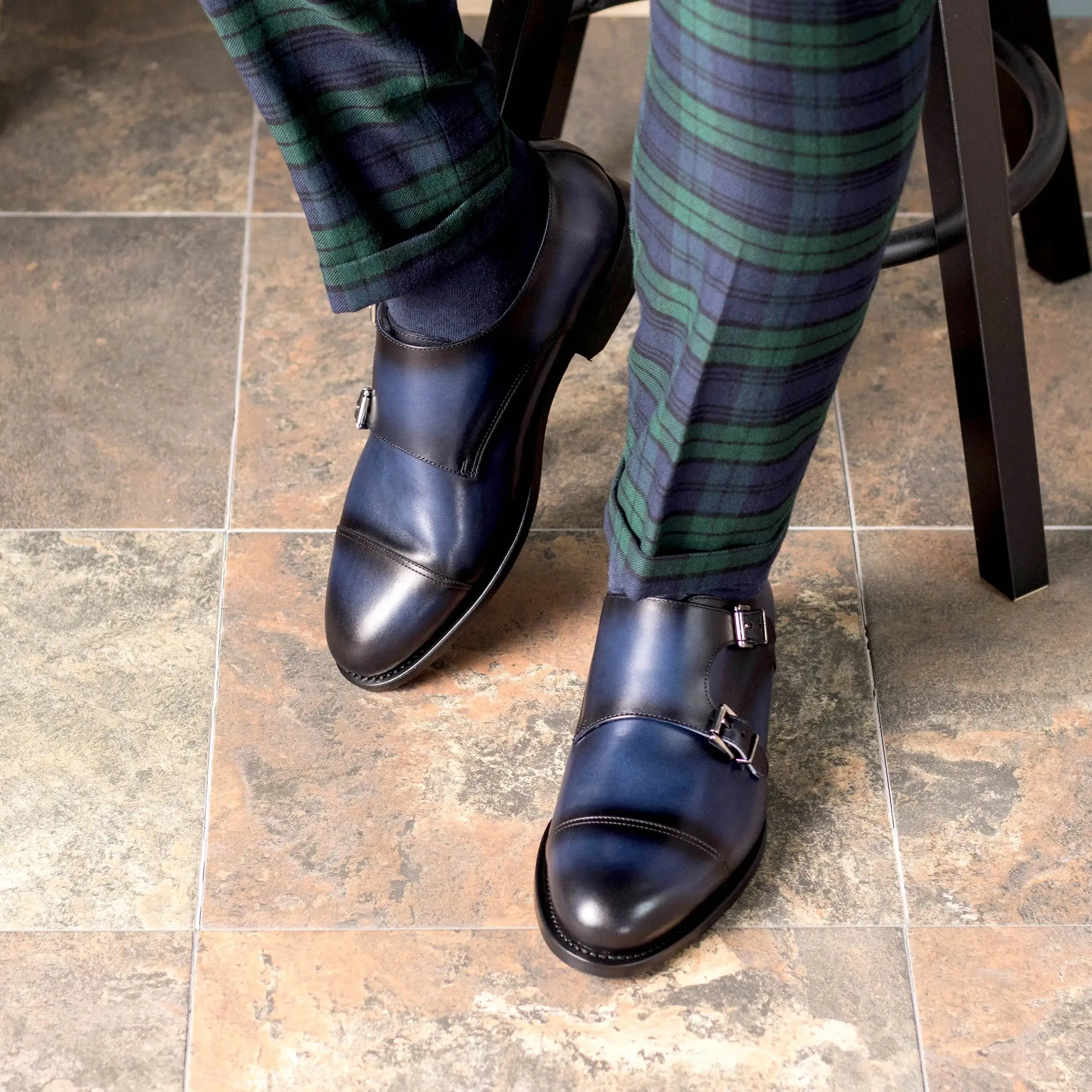 Dapperfam Schuhe DapperFam Monaco in Marineblau Herren Italienisches Leder Doppelmonk