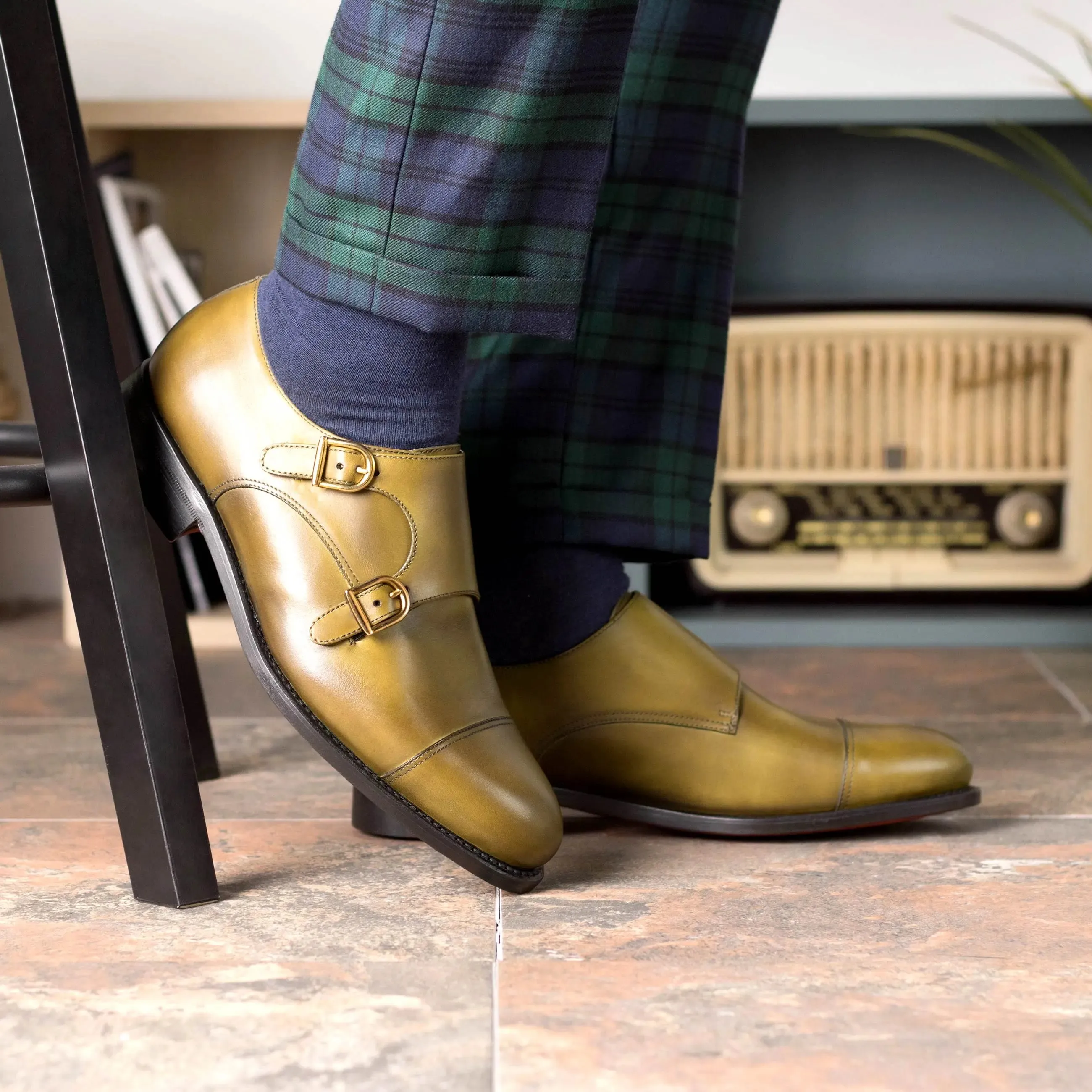 Dapperfam Schuhe DapperFam Monaco in Oliv Herren Italienisches Leder Doppelmonk