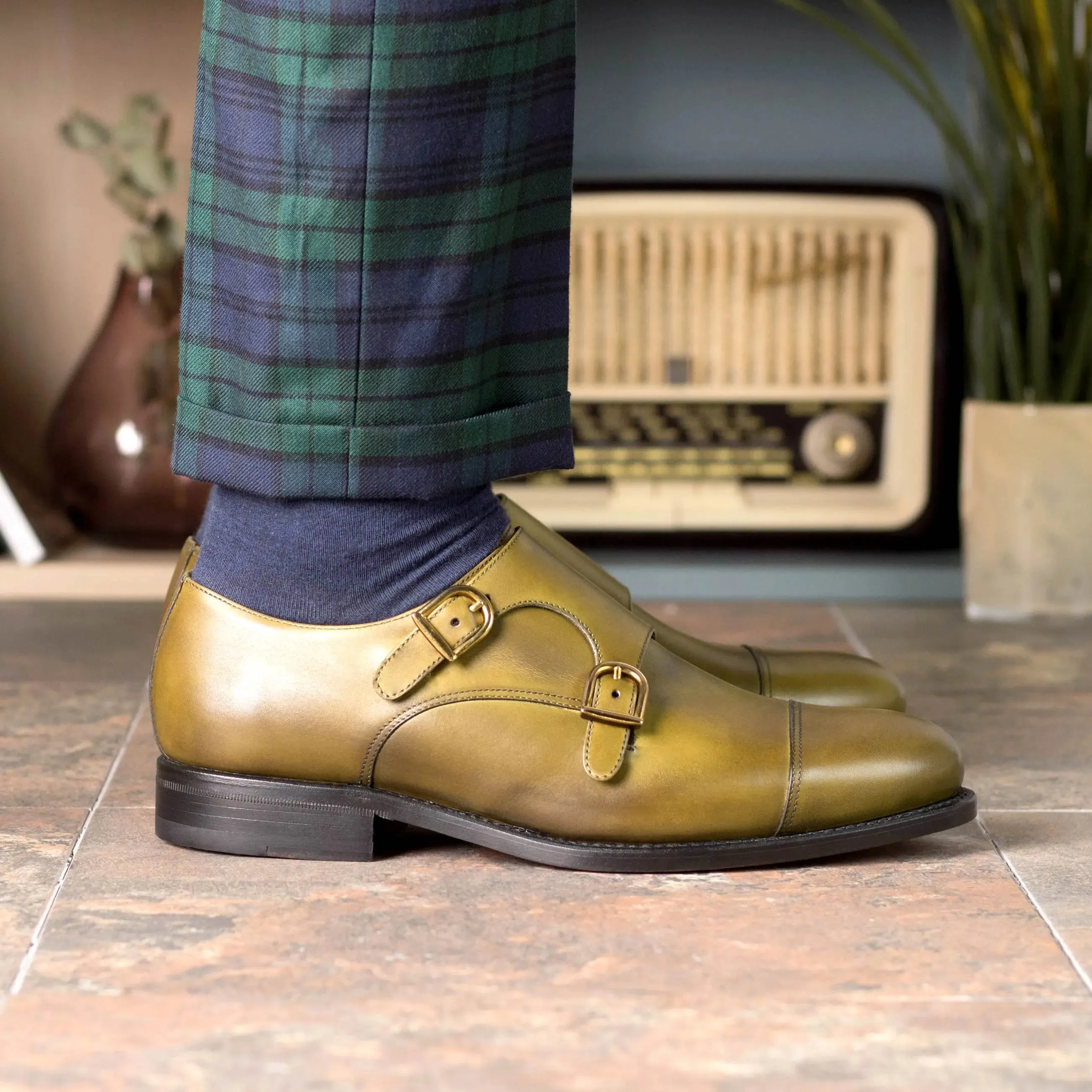 Dapperfam Schuhe DapperFam Monaco in Oliv Herren Italienisches Leder Doppelmonk