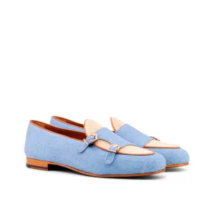 Dapperfam Schuhe DapperFam Rialto in Blau / Eis / Mittelbraun Herren Leinen & Italienisches Leder Mönchsschlappen
