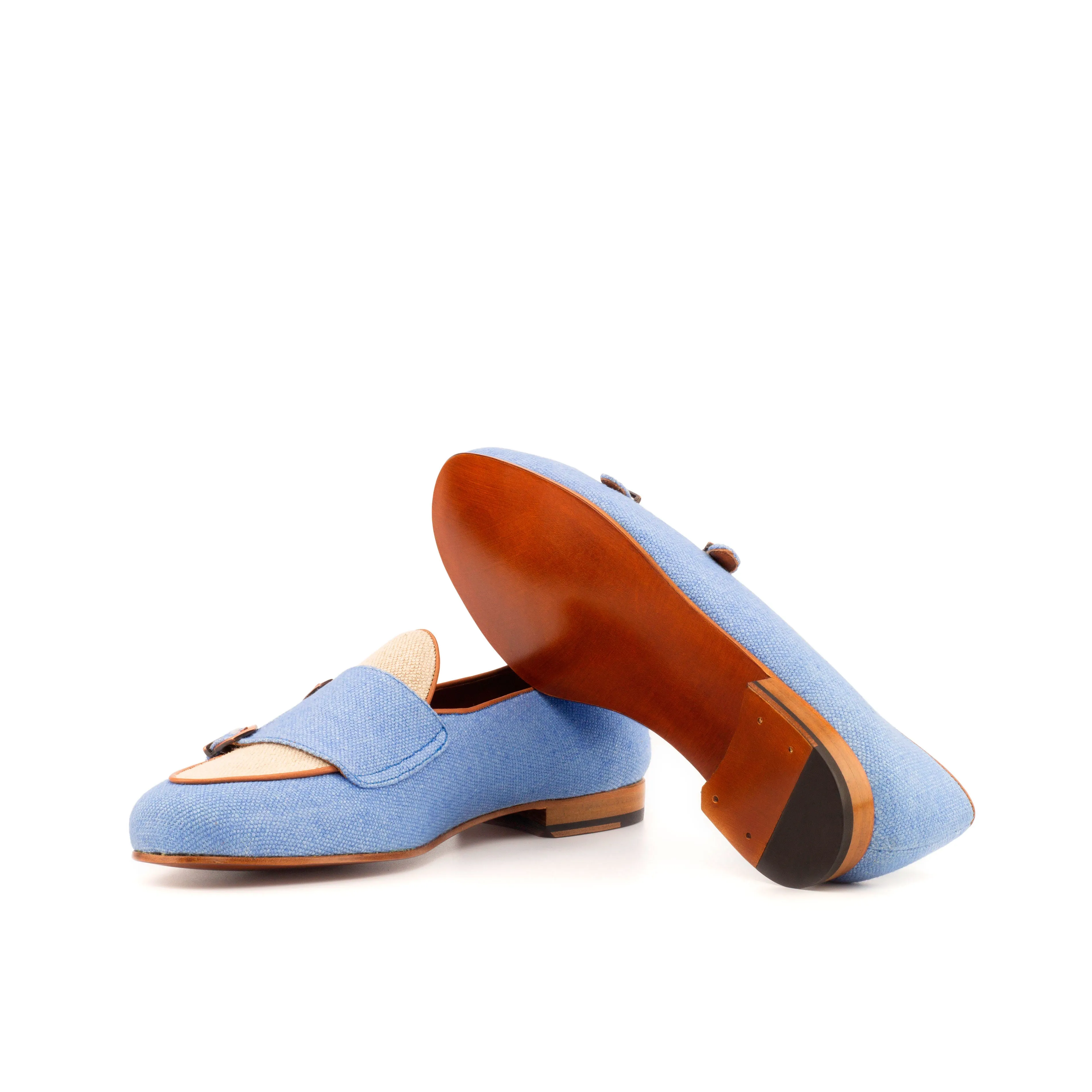 Dapperfam Schuhe DapperFam Rialto in Blau / Eis / Mittelbraun Herren Leinen & Italienisches Leder Mönchsschlappen