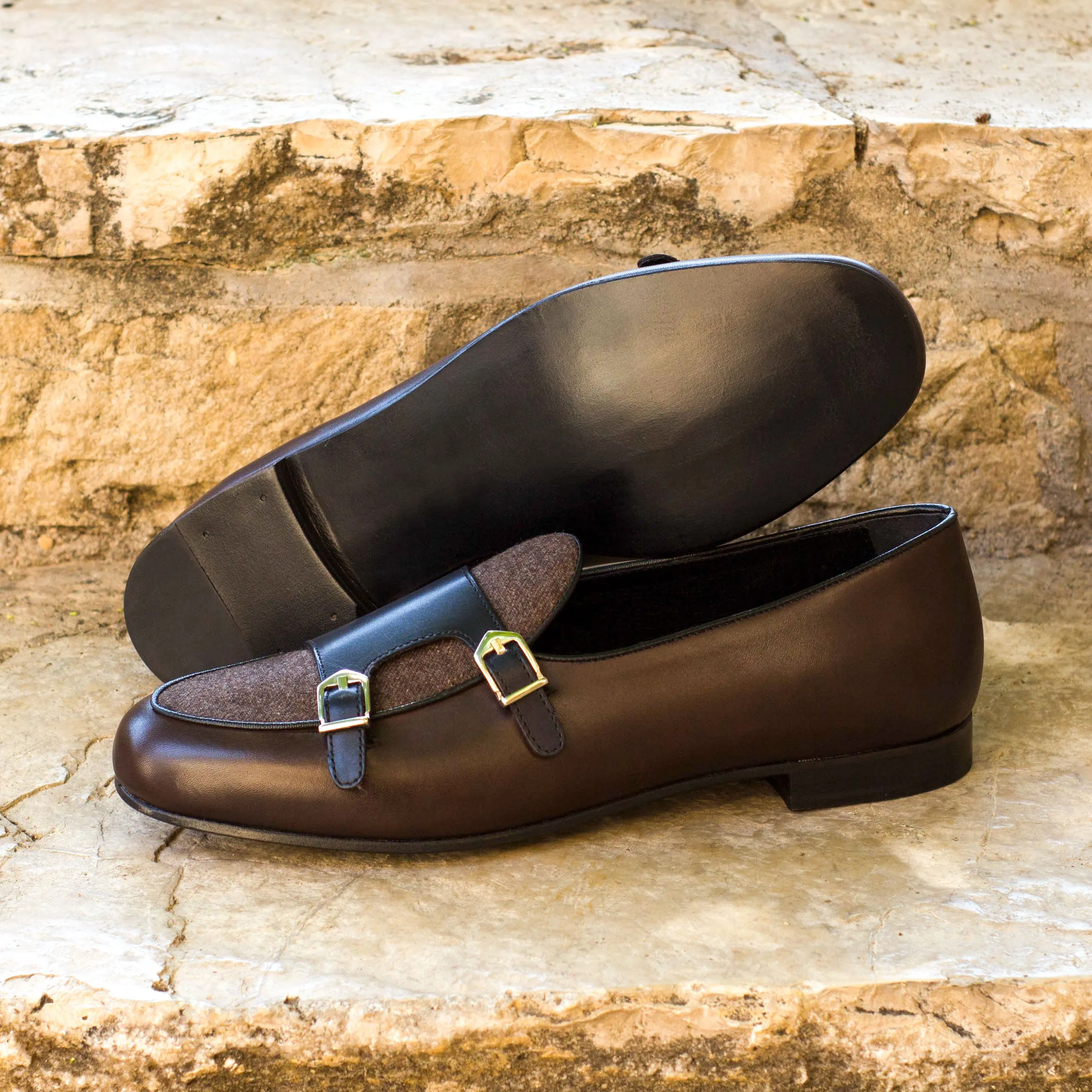 Dapperfam Schuhe DapperFam Rialto in Braun / Dunkelbraun / Schwarz Herren Flanell & Italienisches Leder Mönchsschlappen