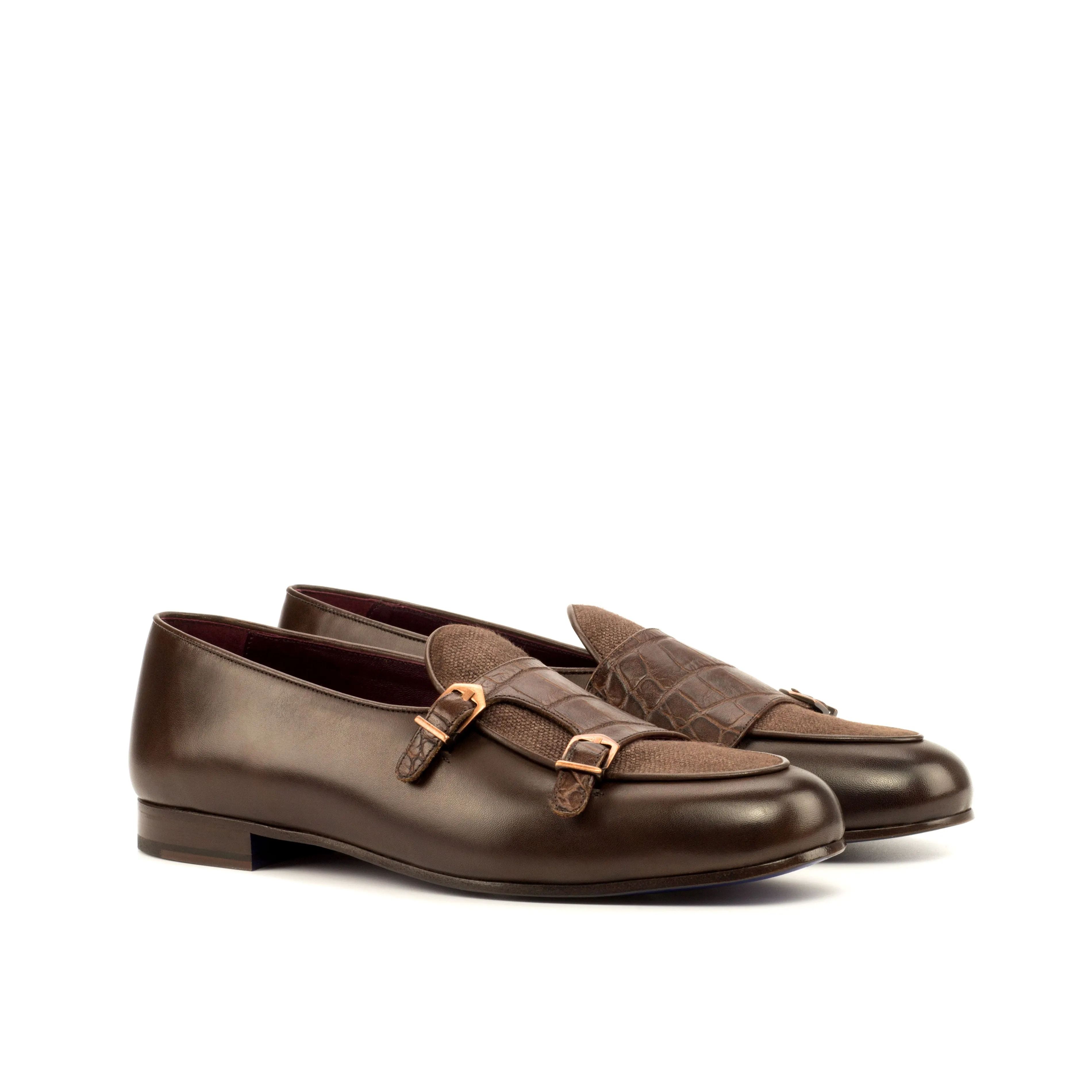 Dapperfam Schuhe DapperFam Rialto in Braun / Dunkelbraun Herren Leinen & Italienisches Leder Mönchsschlappen