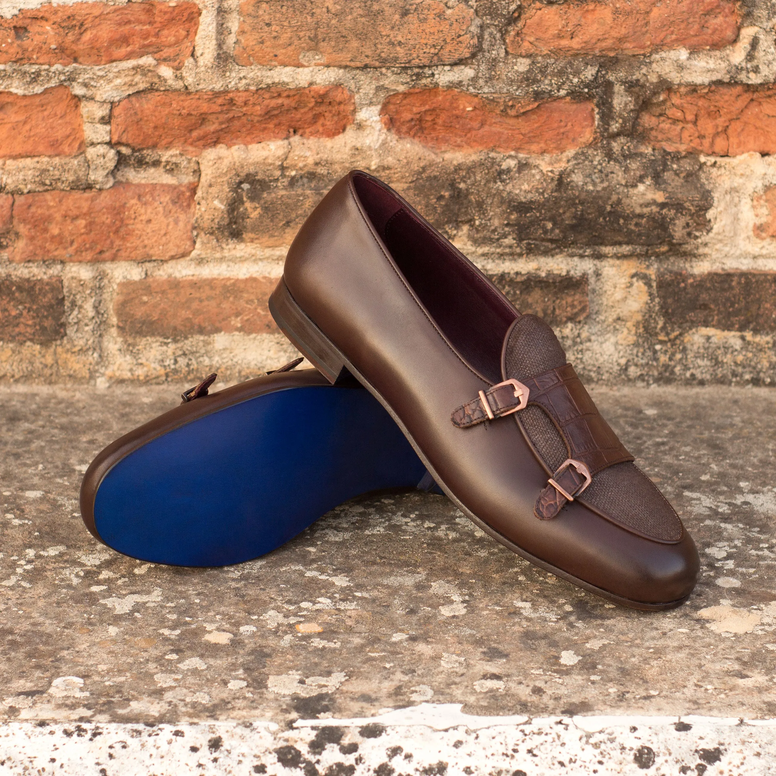 Dapperfam Schuhe DapperFam Rialto in Braun / Dunkelbraun Herren Leinen & Italienisches Leder Mönchsschlappen