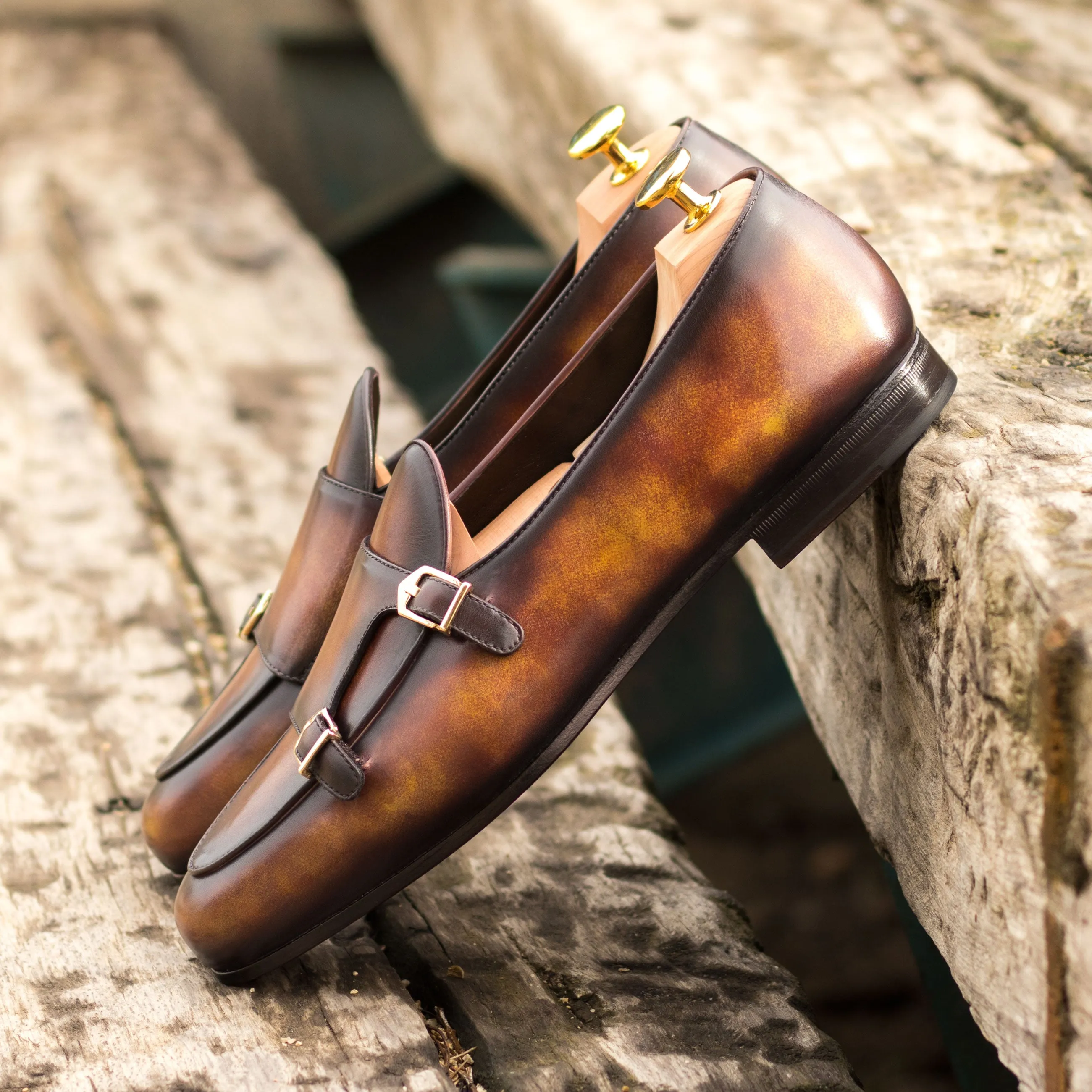 Dapperfam Schuhe DapperFam Rialto in Feuer Herren-Handbemalte Patina Mönchsschlappen