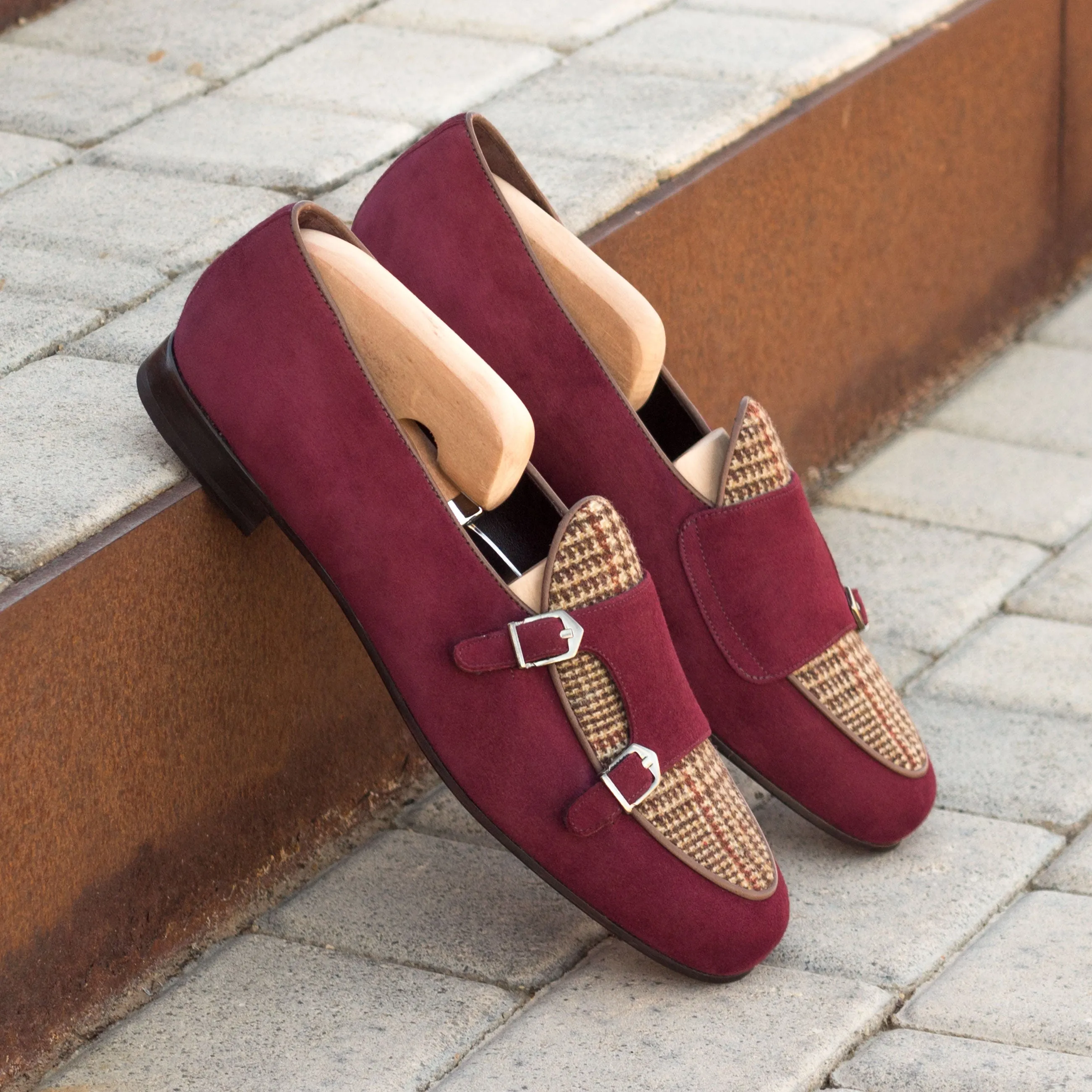Dapperfam Schuhe DapperFam Rialto in Weinrot / Tweed / Dunkelbraun Herren Wildleder & Maßschneiderei & Italienisches Leder Mönchsslipper