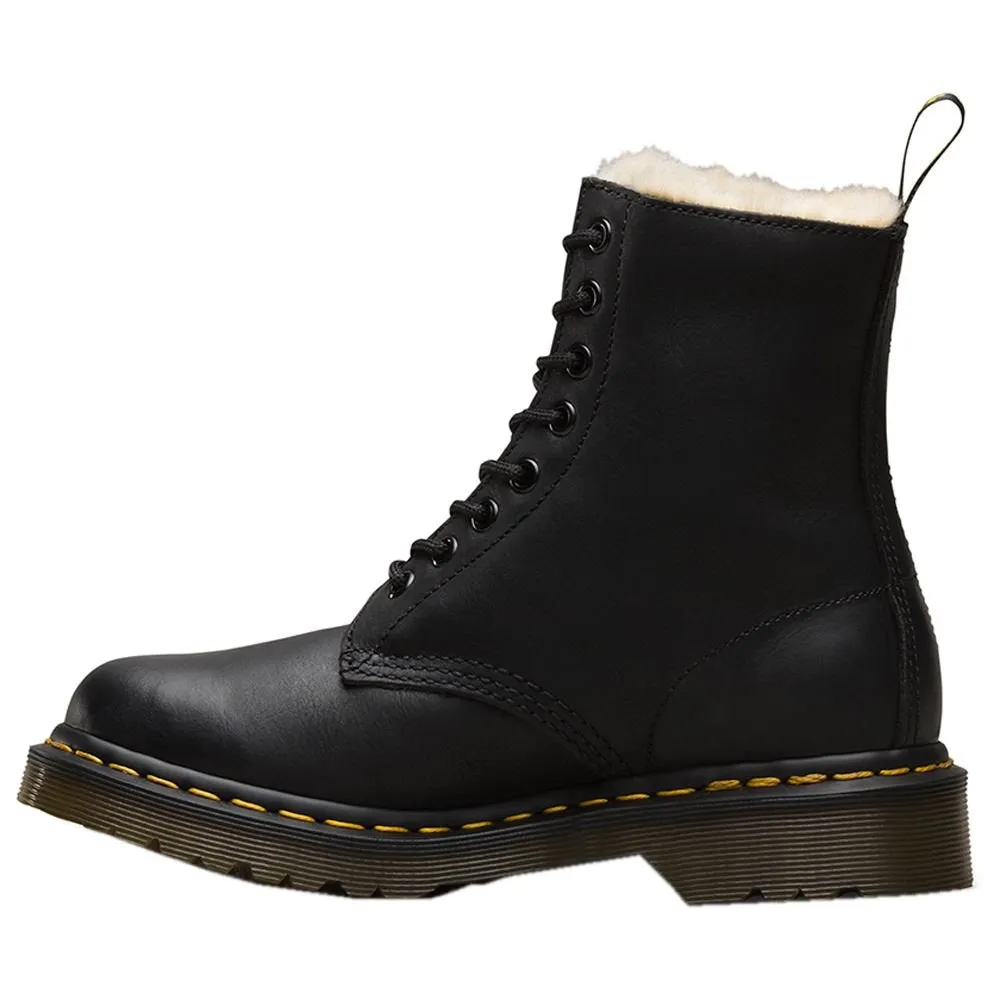 Dr. Martens 1460 Serena Kunstpelz gefütterte polierte Wyoming-Leder Knöchelstiefel für Damen