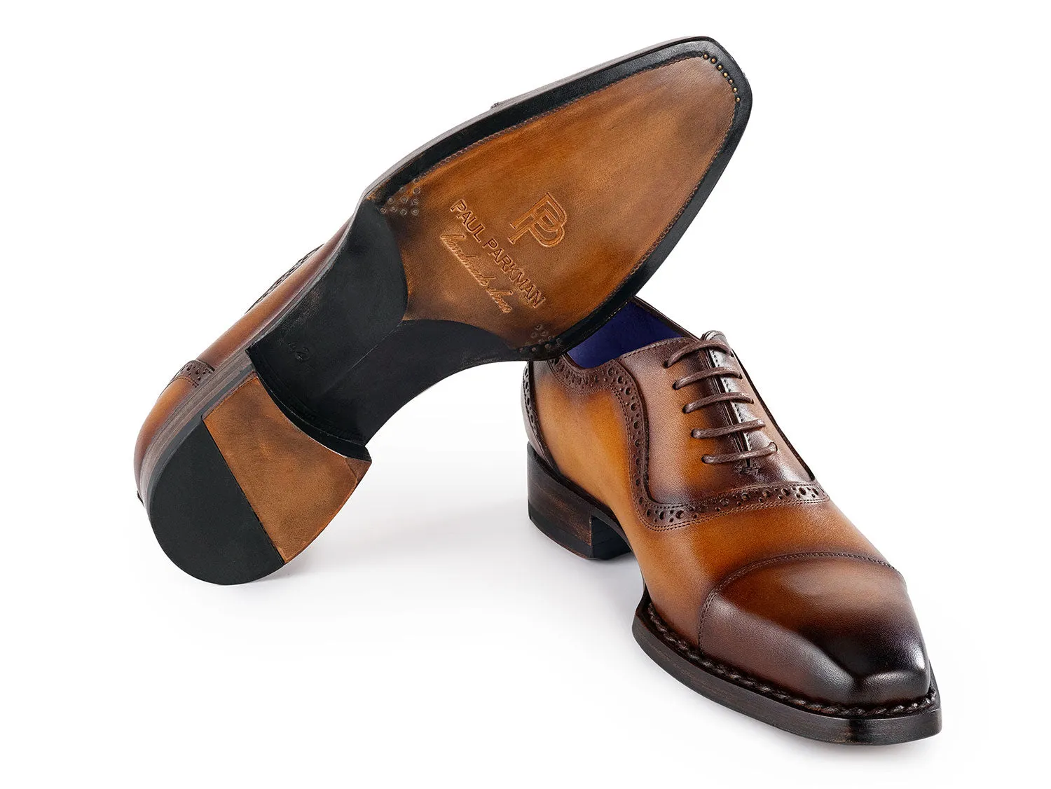 Paul Parkman Schuhe Paul Parkman Herren Goodyear durchgenähte Hochglanz-Cap-Toe Oxfords in Kamelbraun