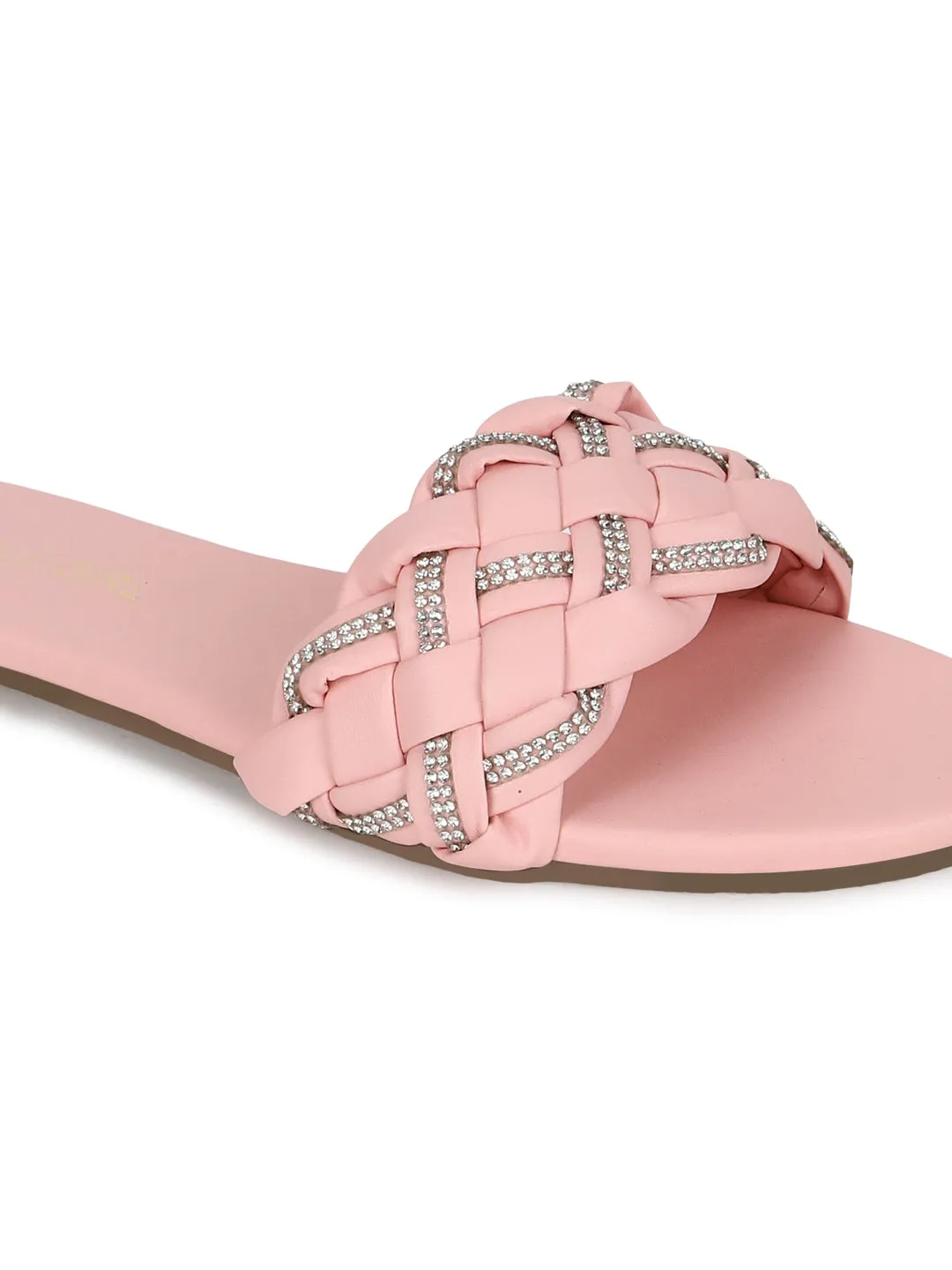 Pink PU Geflochtene Strass-Slipper (TC-ST-1215-PNK)