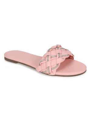 Pink PU Geflochtene Strass-Slipper (TC-ST-1215-PNK)