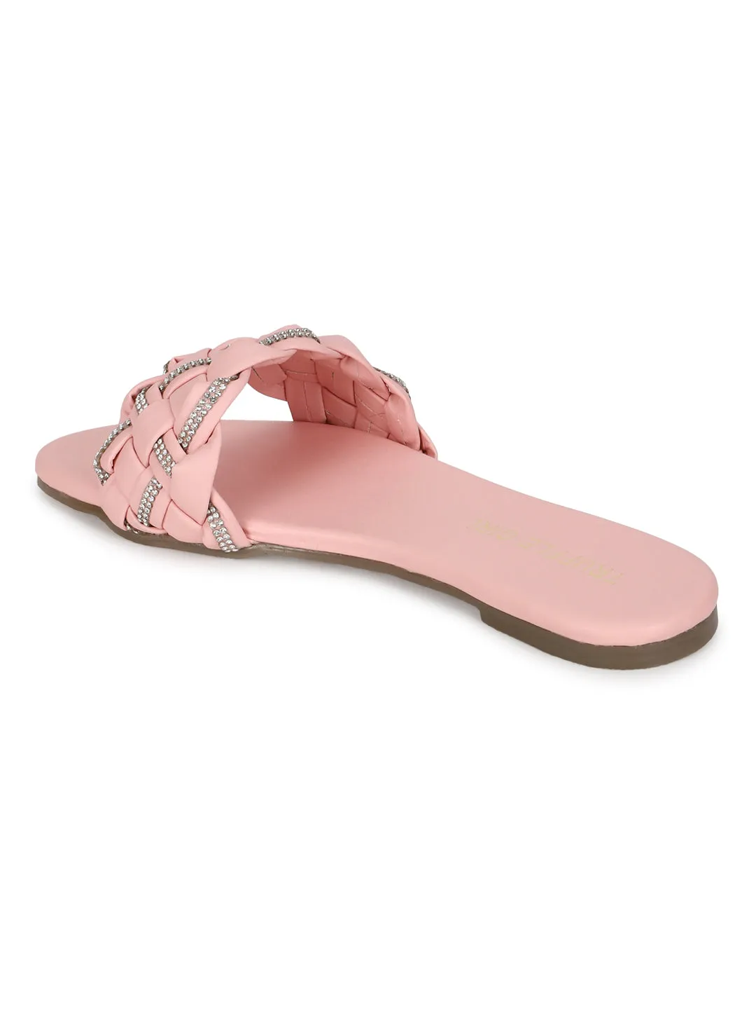 Pink PU Geflochtene Strass-Slipper (TC-ST-1215-PNK)
