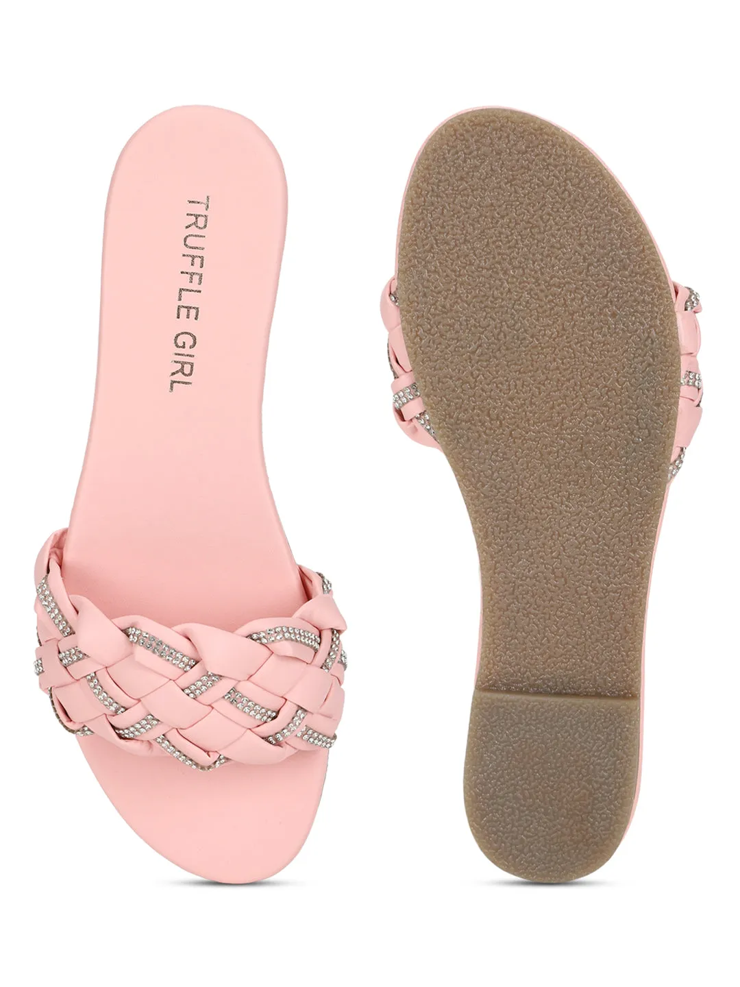 Pink PU Geflochtene Strass-Slipper (TC-ST-1215-PNK)
